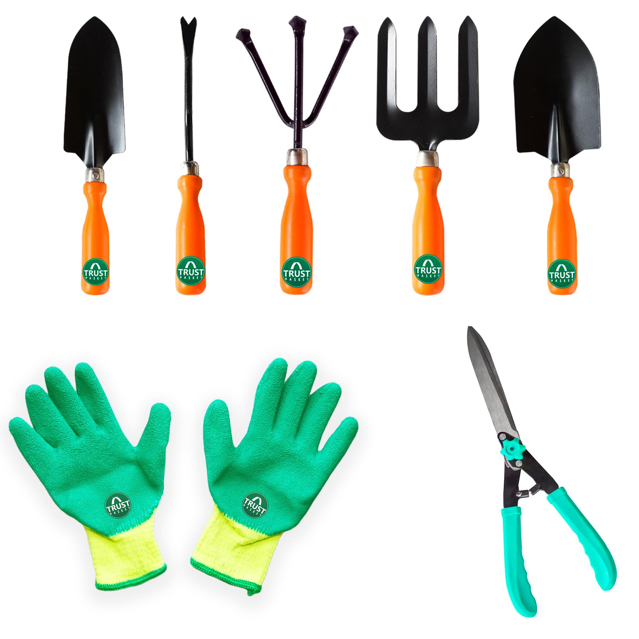 TrustBasket 7 Pcs Durable Multi-Purpose Plant Care/Garden Tool kit for Home Garden | Trowel, Fork, Weeder, Cultivator, Gloves, Hedge Shears (B0CXFGK4NN) Amazon Price History, Amazon Price Tracker