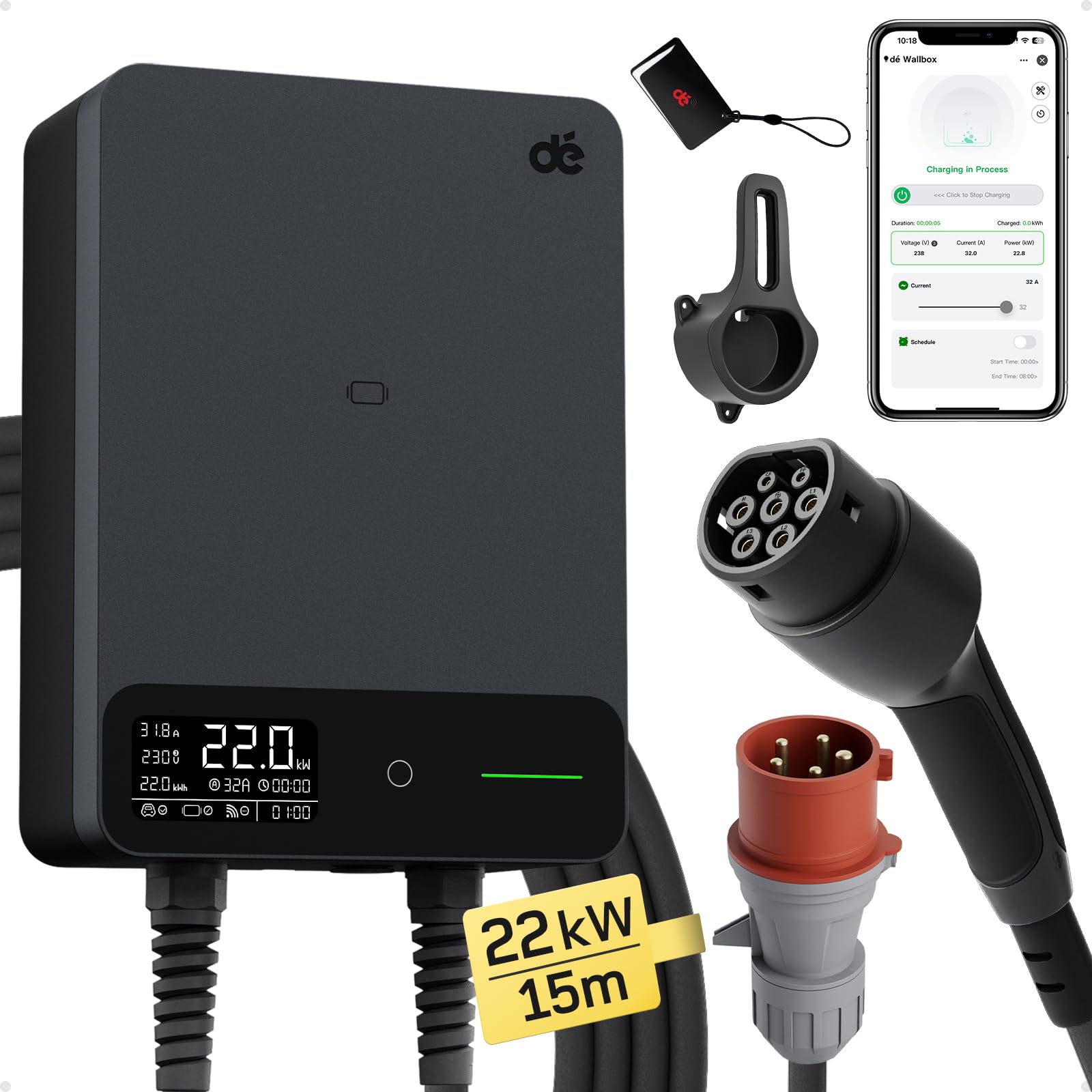 dé Estación de Carga Coche Electrico 22kW App [6-32A, Trifásico] Wallbox 22kW con Cable Tipo 2 7,5 m, RFID, Estación de Carga con RCD Tipo-B y Protección ip54 para Model Y/3 y Otros BEV/PHEV — view 15