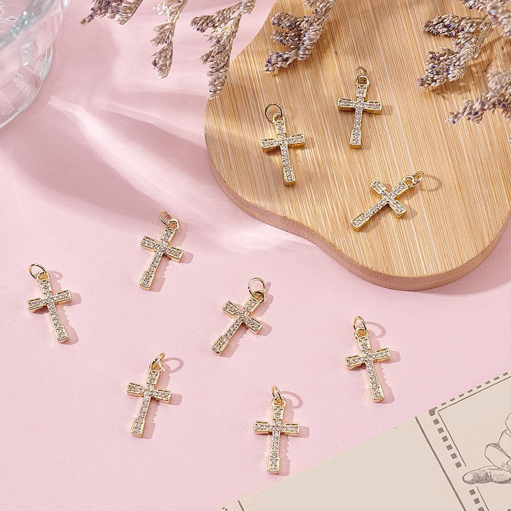 Beebeecraft 1 Box 10Pcs Cubic Zirconia Cross Charms 18K Gold Plated Brass Christ Crucifix Pendant Charm with Jump Rings for Jewelry Making Bracelets Necklace - Image 4