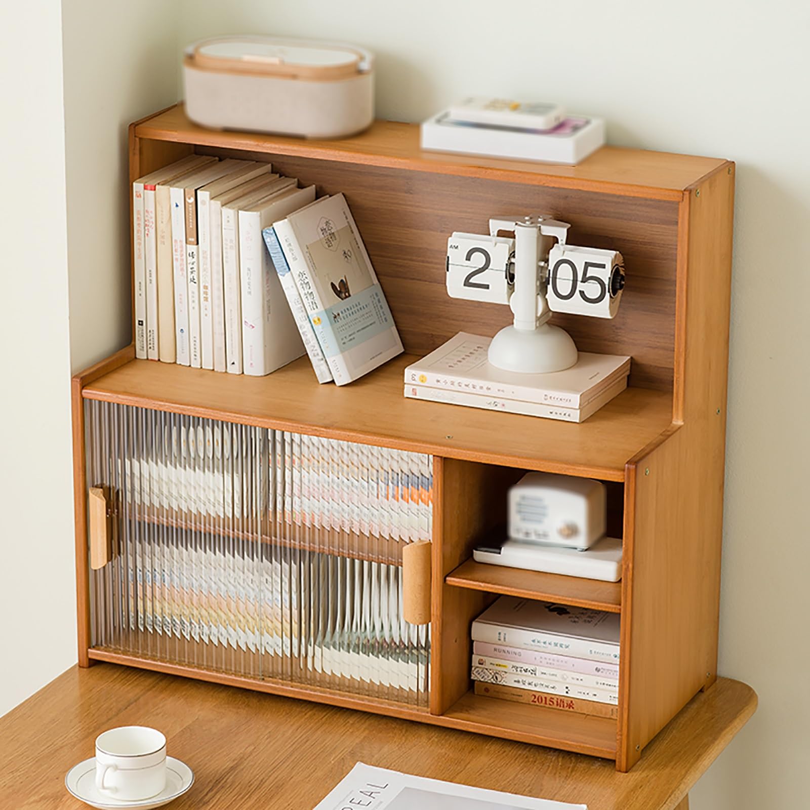 Organizer da scrivania con scomparti multipli e porta scorrevole per ufficio (beige)
