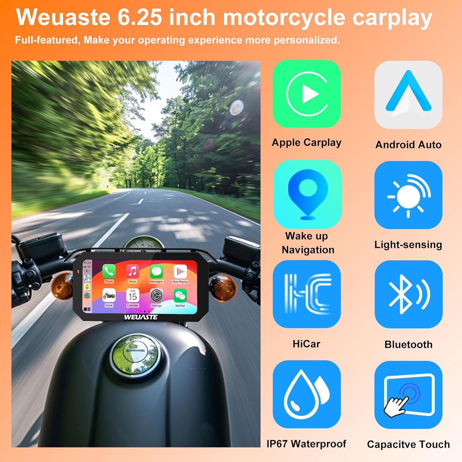 6.25" Motorcycle Carplay/Android Auto/HiCar, Moto GPS Navigation with Waterproof Touchscreen, Portable Moto Car Play, Metal aAnti-Theft Bracket, BT, Fully Laminated Screen, High Brightness