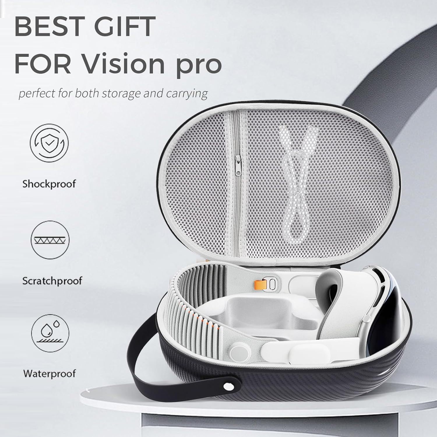 LANSKLBD Funda de transporte rígida de EVA con patrón de fibra de carbono para Apple Vision Pro con espacio de almacenamiento personalizado, impermeable y ligera, bolsa de viaje portátil negra con