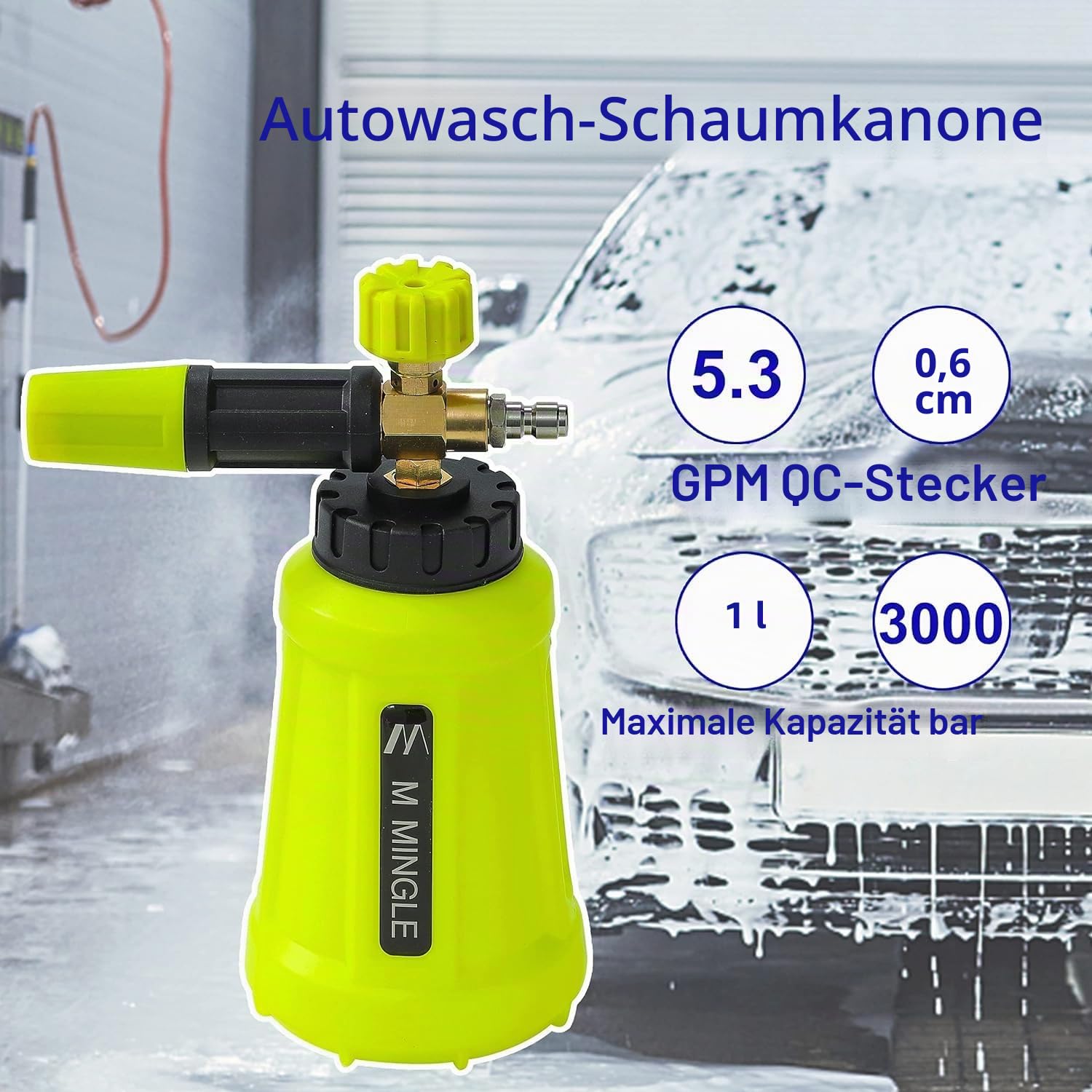 M MINGLE Schaumkanone für Hochdruckreiniger, 1L Schaumblaster mit 1/4 Zoll Schnellkupplung, Weite Öffnung & robuste Ausführung für Auto und Motorrad, 5 Düsen