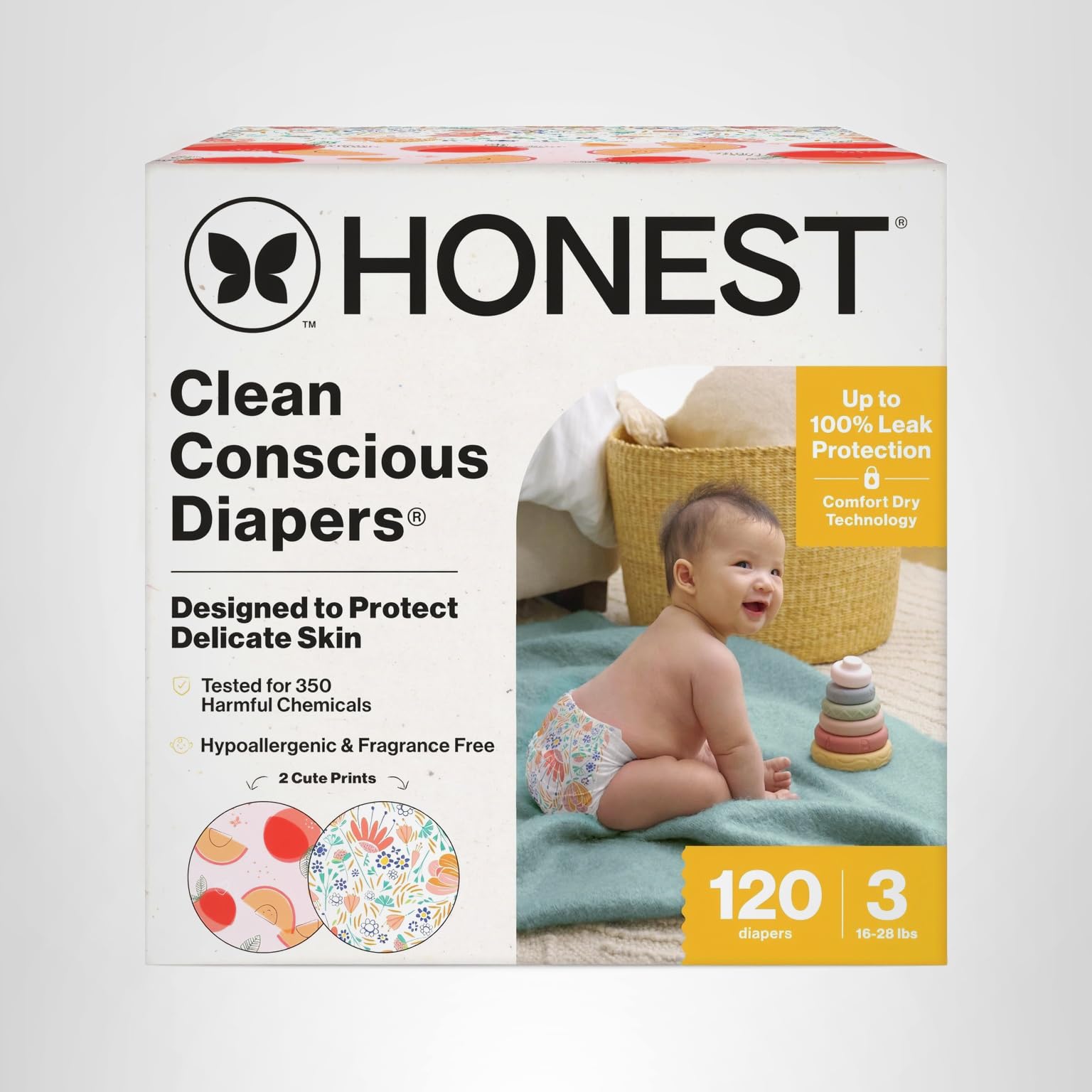 Clean Conscious Diapers | Plant-Based, Sustainable | Wild Thang + Flower Power | Super Club Box, Size 3 (16-28 lbs), 120 Count