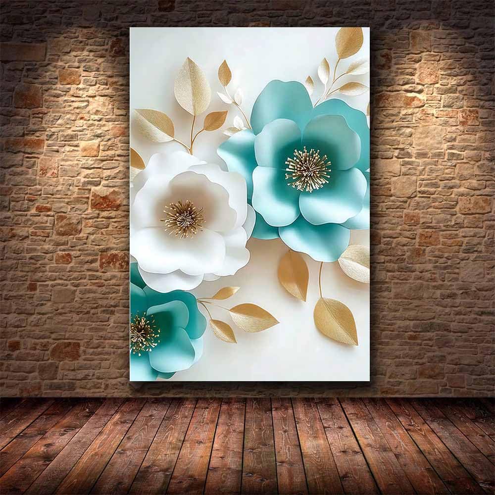 QUSAAOU Modernes Wohnzimmer Papierschnitt Türkise Blumen Leinwandbilder Eignen Sich Zur Dekoration Von Schlafzimmern,Wohnzimmern Und Badezimmern(Türkis)-70x100cm Gerahmt