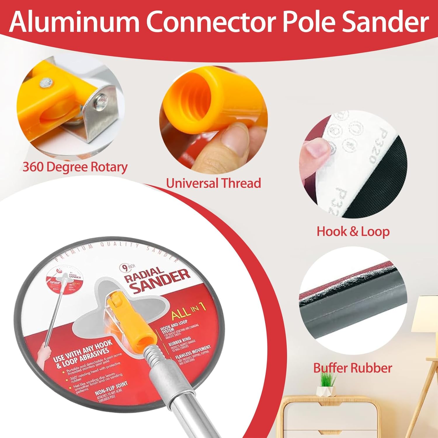 Drywall Sander Pole, 9 Inch Wall & Ceiling Pole Sander with 360° Rotating Head & 12.5-65 Inch Adjustable Extension Pole | 2-in-1 Sanding Tool with 18 Sheets (6 Grits 80-320) for Plasterboard (Red)