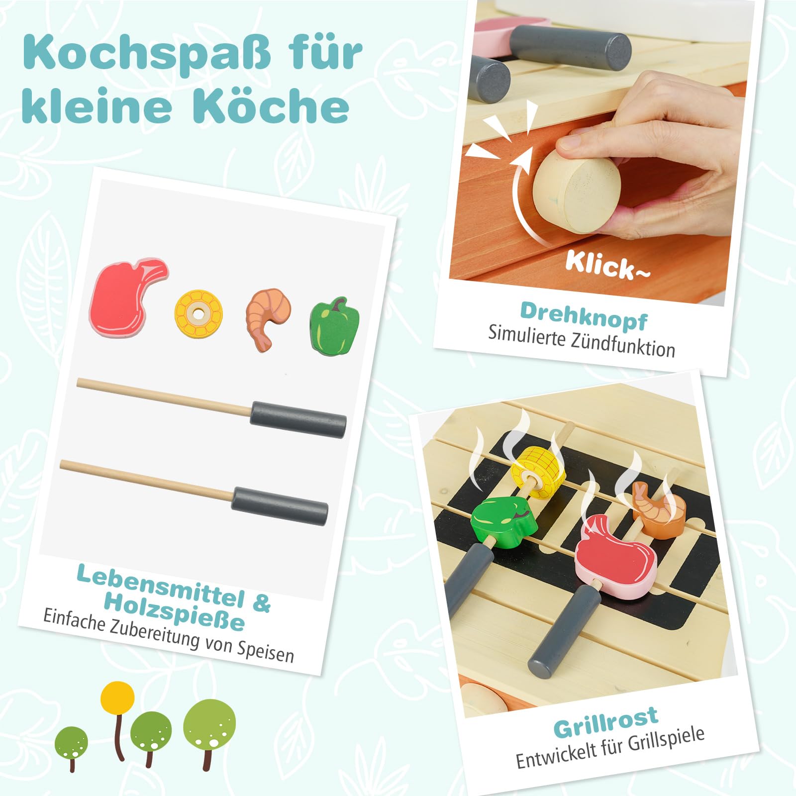 COSTWAY Matschküche Kinder Outdoor, Kinderküche Holz mit Wasserhahn & Grill, inkl. Holzspießen, Lebensmitteln & Gartenzubehör, Outdoorküche für Kinder ab 3 Jahren