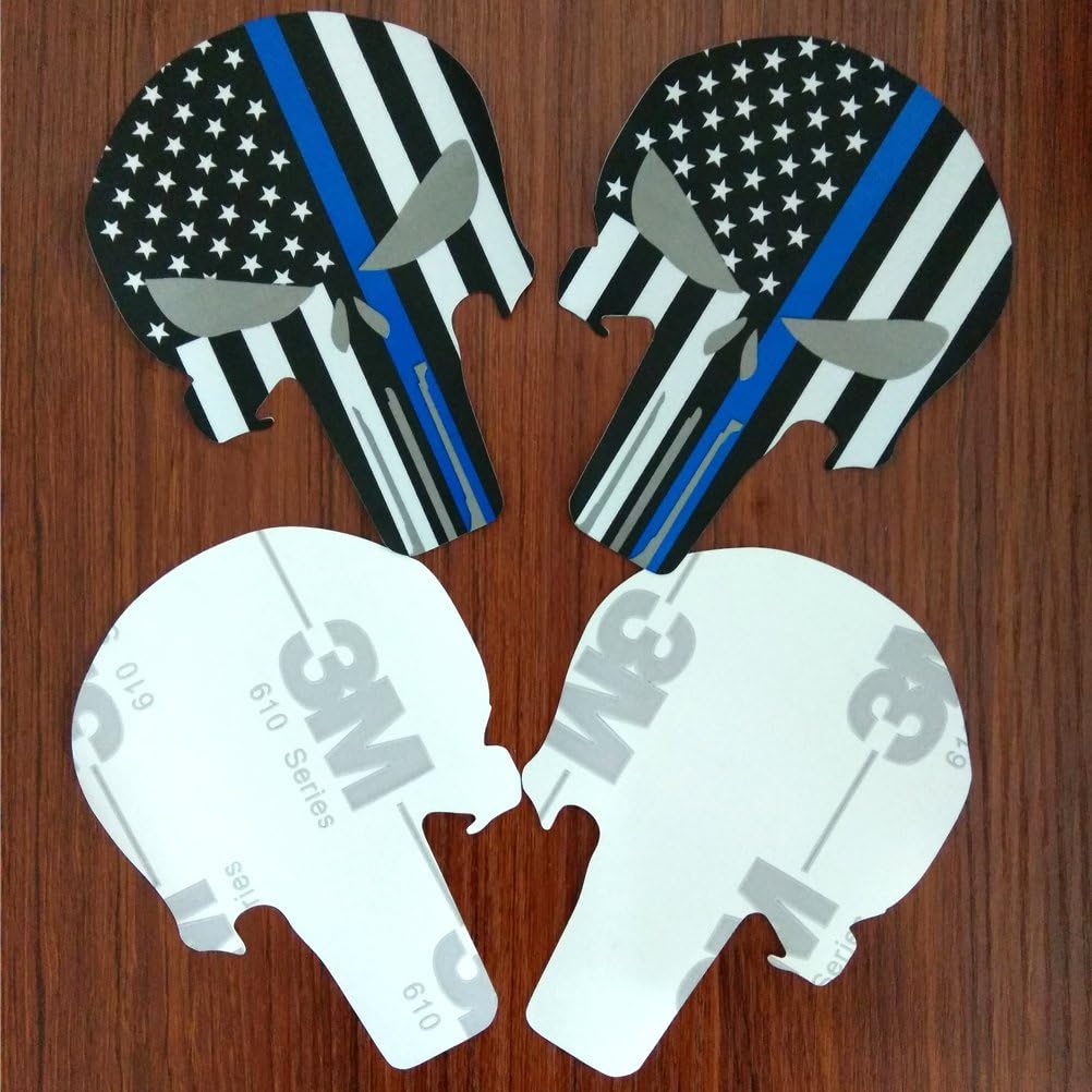 Reflective Punisher Skull 5.5 x 4.1 inch & US flag Decals with Thin Blue Line for Cars & Trucks, American USA Flag Decal Sticker Honoring Police Law Enforcement Window Bumper Vinyl Stickers (2-PACK)