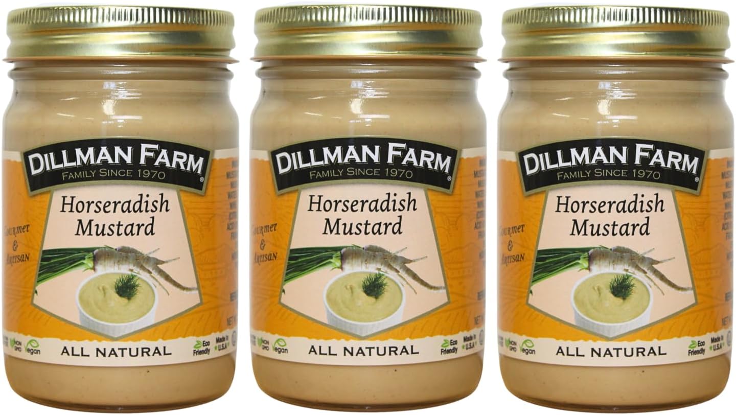Dillman Farm All Natural Gourmet Horseradish Mustard - Gluten-Free, Non-GMO, Vegan, Kosher, Preservative Free, Corn Syrup Free - Made in USA, 13oz (Pack of 3)