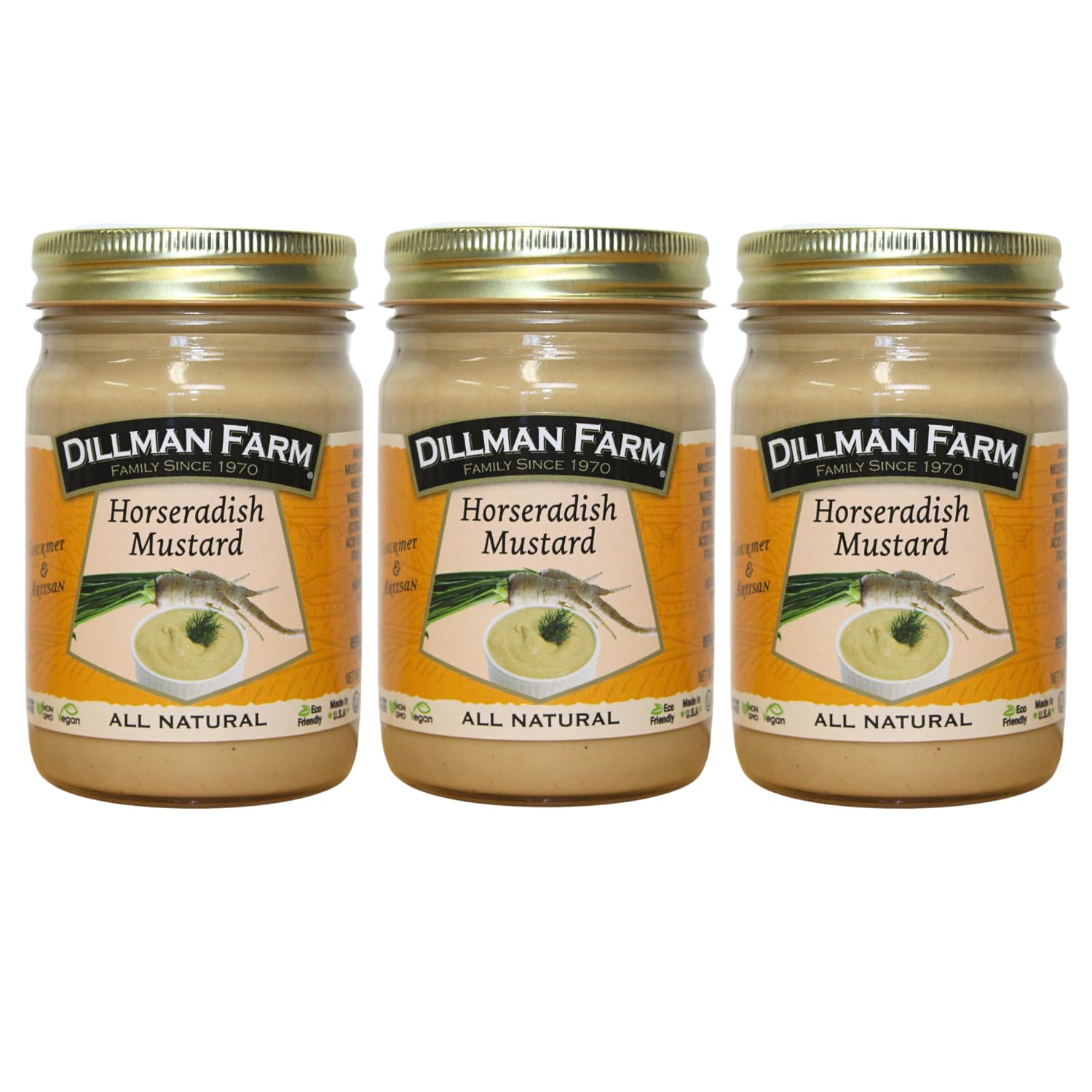 Dillman Farm All Natural Gourmet Horseradish Mustard - Gluten-Free, Non-GMO, Vegan, Kosher, Preservative Free, Corn Syrup Free - Made in USA, 13oz (Pack of 3)