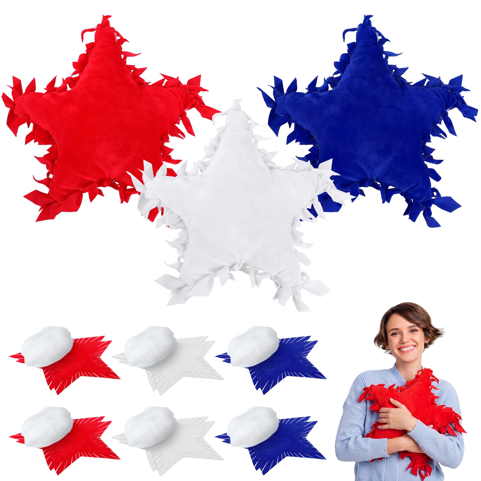 Weysat 6 Sets Patriotic Star Fleece Tied DIY Pillow Craft Kits Independence Day USA 4th of July Red White Blue 250th Fleece Tied Pillow Craft for Fourth of July Memorial Day Party Favor