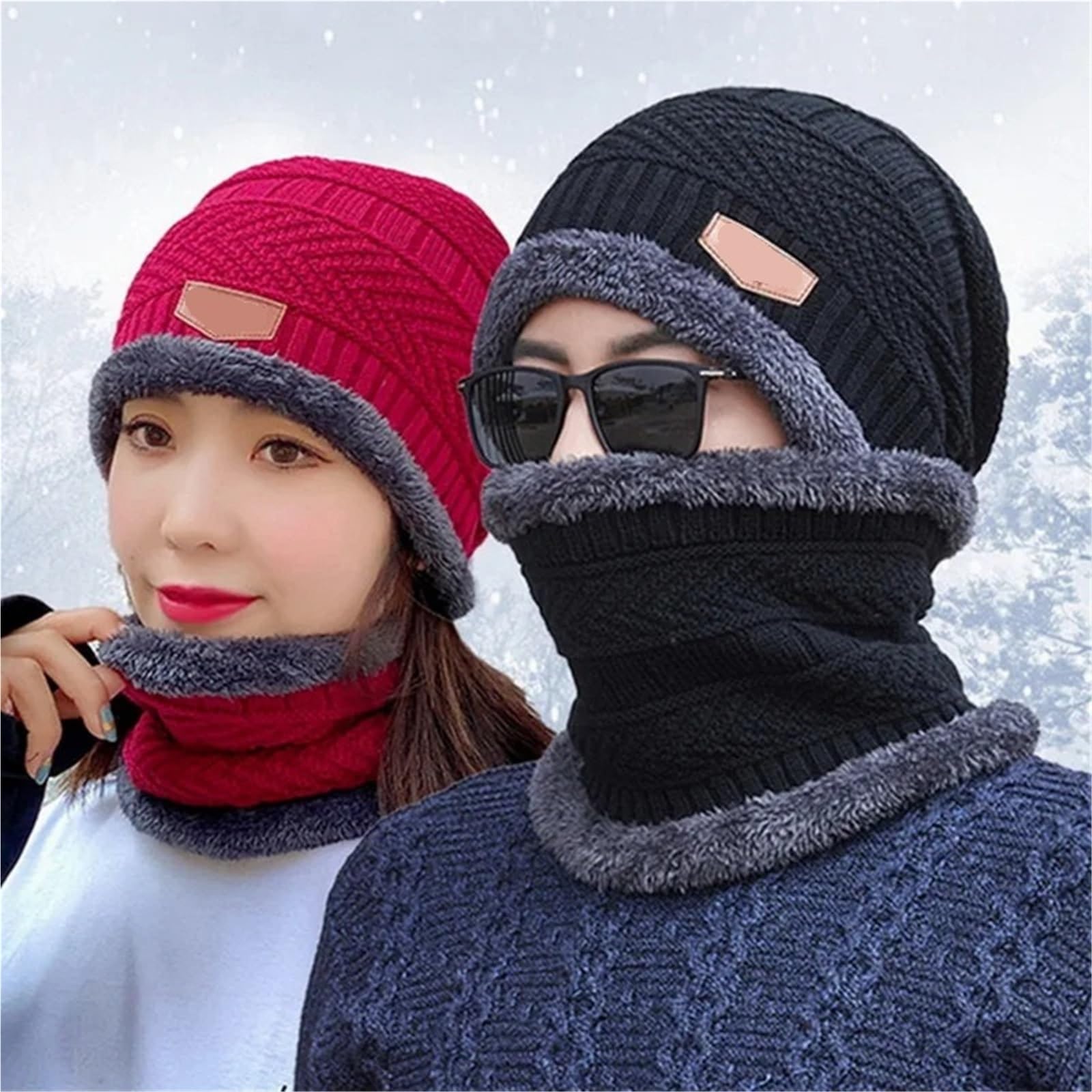 Gorros de punto para hombre y mujer, gorro de terciopelo, bufanda de forro polar coral, para montar al aire libre, cálido, grueso, más protección para el cuello