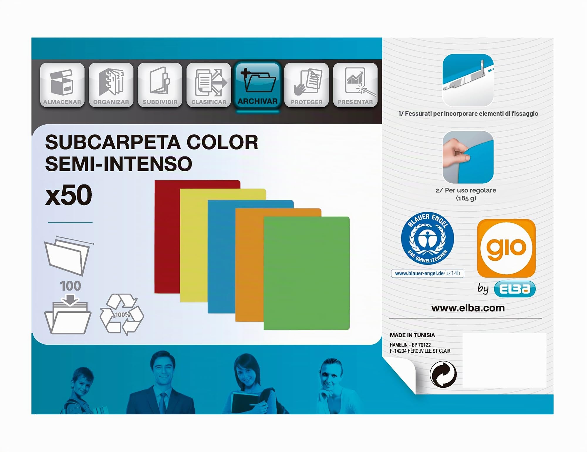 Elba Gio - Confezione da 50 cartelline semplici, formato A4, multicolore