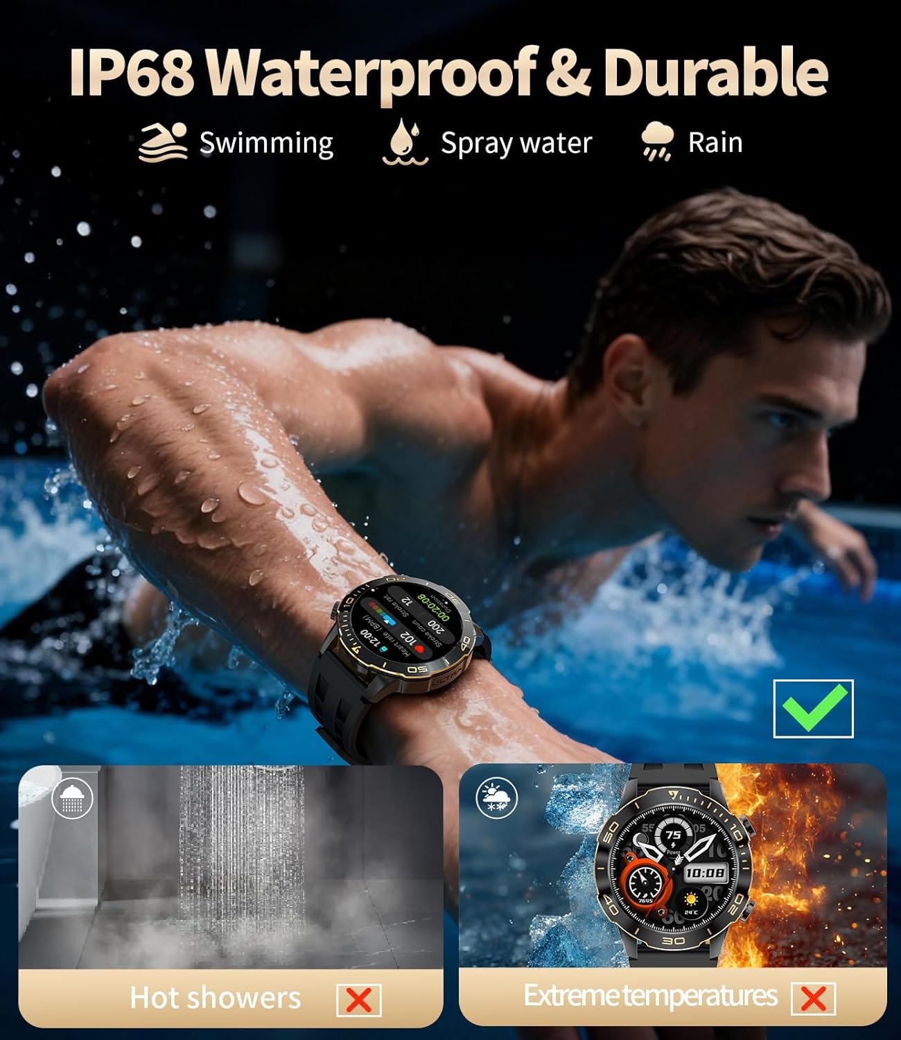 TX7 Luxury Smart Watches for Men, 800mAh Battery, 1.43" AMOLED Screen Fitness Tracker, 100+ Sports Mode/Pedometer/IP68 Waterproof Mens Smart Watch, Military Smartwatch for Android iOS, Black