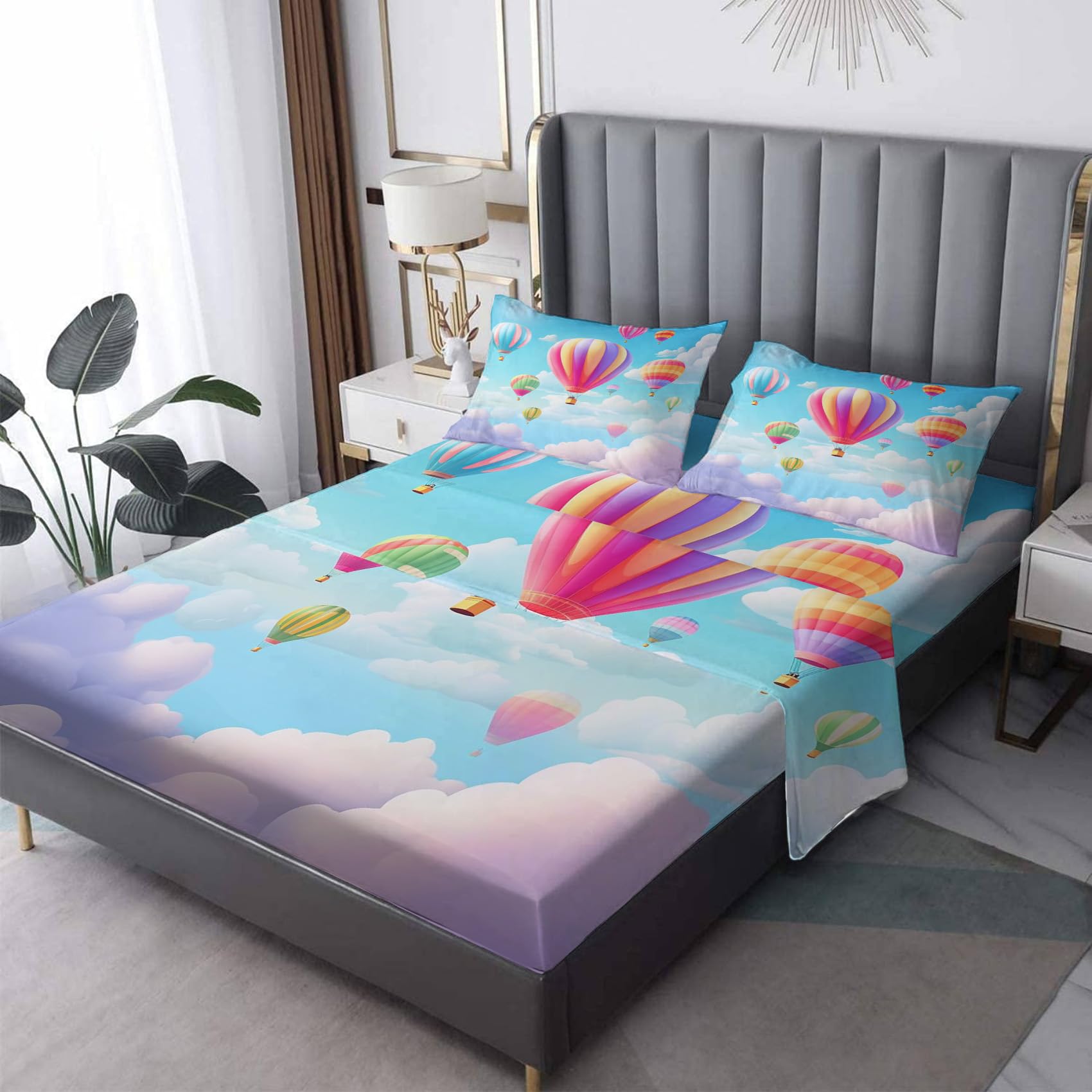 Hot Air Balloon Sheets Queen Sheet Set - Kids Bed Sheets, Soft Microfiber & Deep Pocket & Wrinkle Free Patterned Bedding Sheets & Pillowcases, 4 Piece ( 1 Fitted Sheet, 1 Flat Sheet, 2 Pillow Cases )