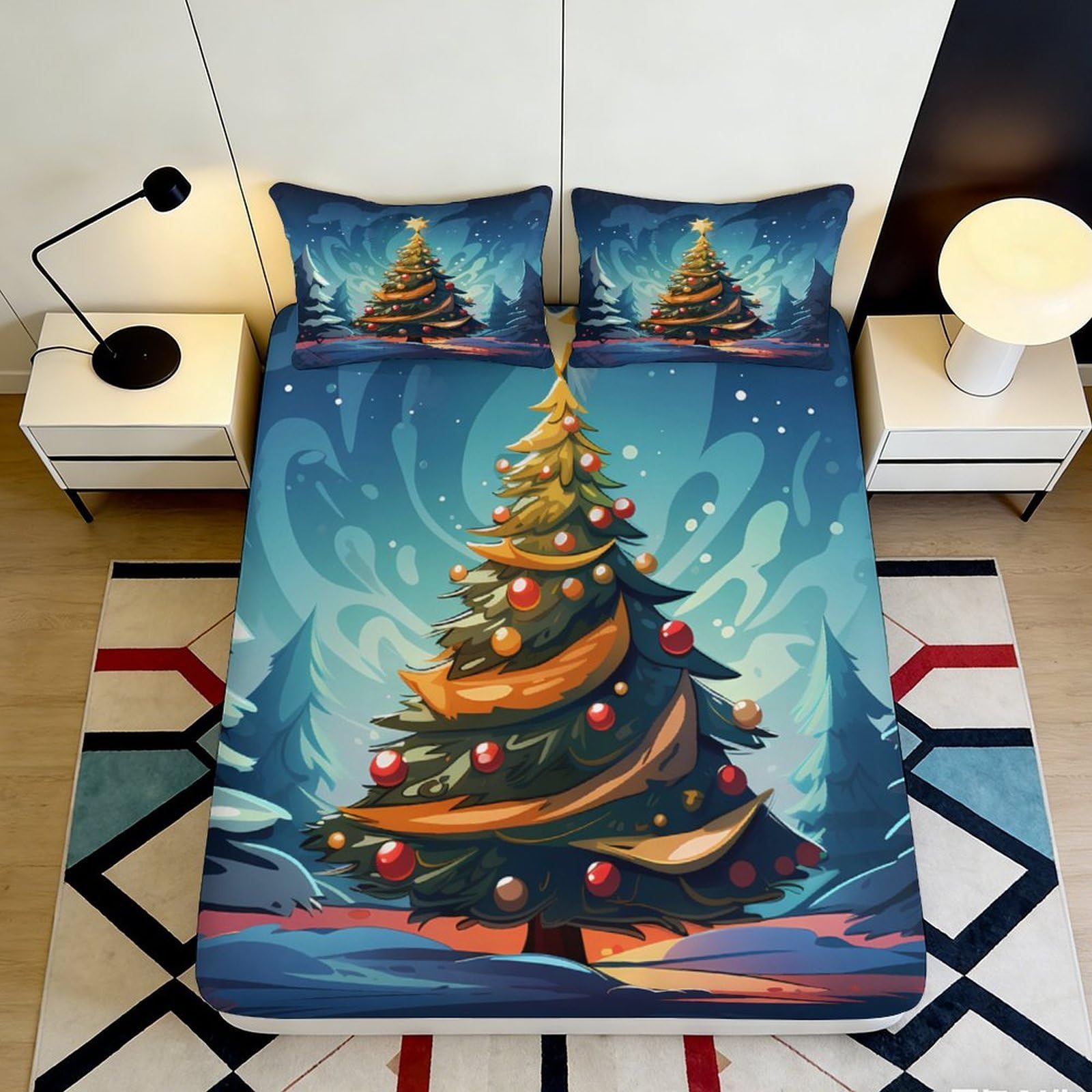 3D Printed Christmas Tree Pattern Fitted Sheet Microfiber Elastic Hem Non-Slip Christmas Tree Mattress Fitted Cover Bedroom 90x200x25cm
