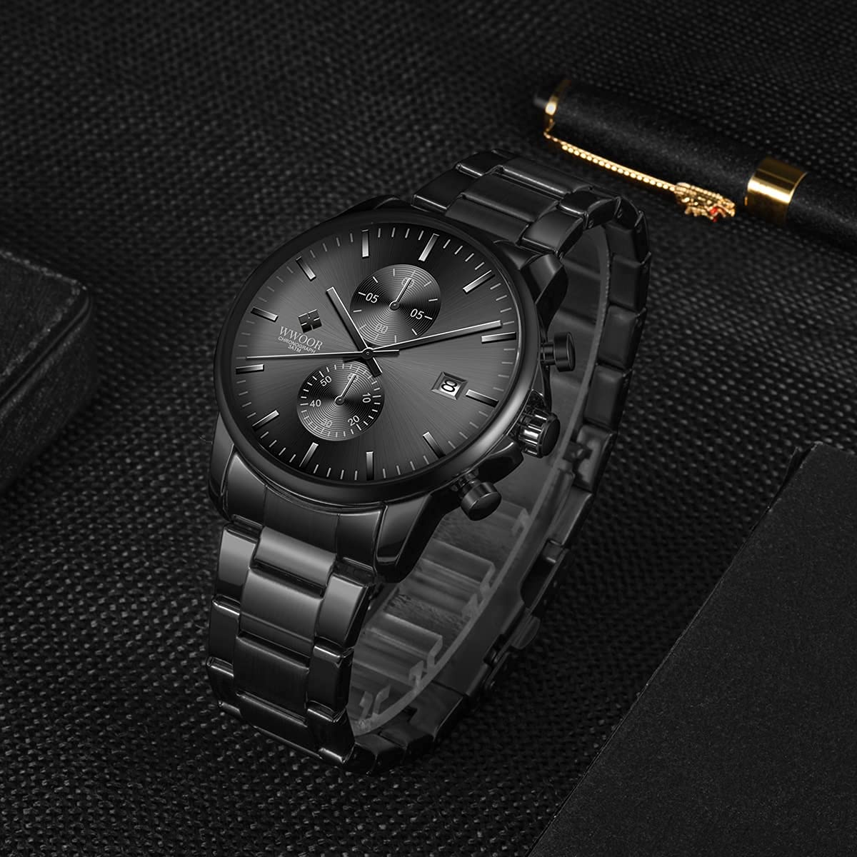 Montre bracelet pour homme avec montre à quartz chronographe étanche en acier inoxydable et métal, date automatique sur les mains colorées, extensible en acier inoxydable, réglable, Noir, 1, Bracelet