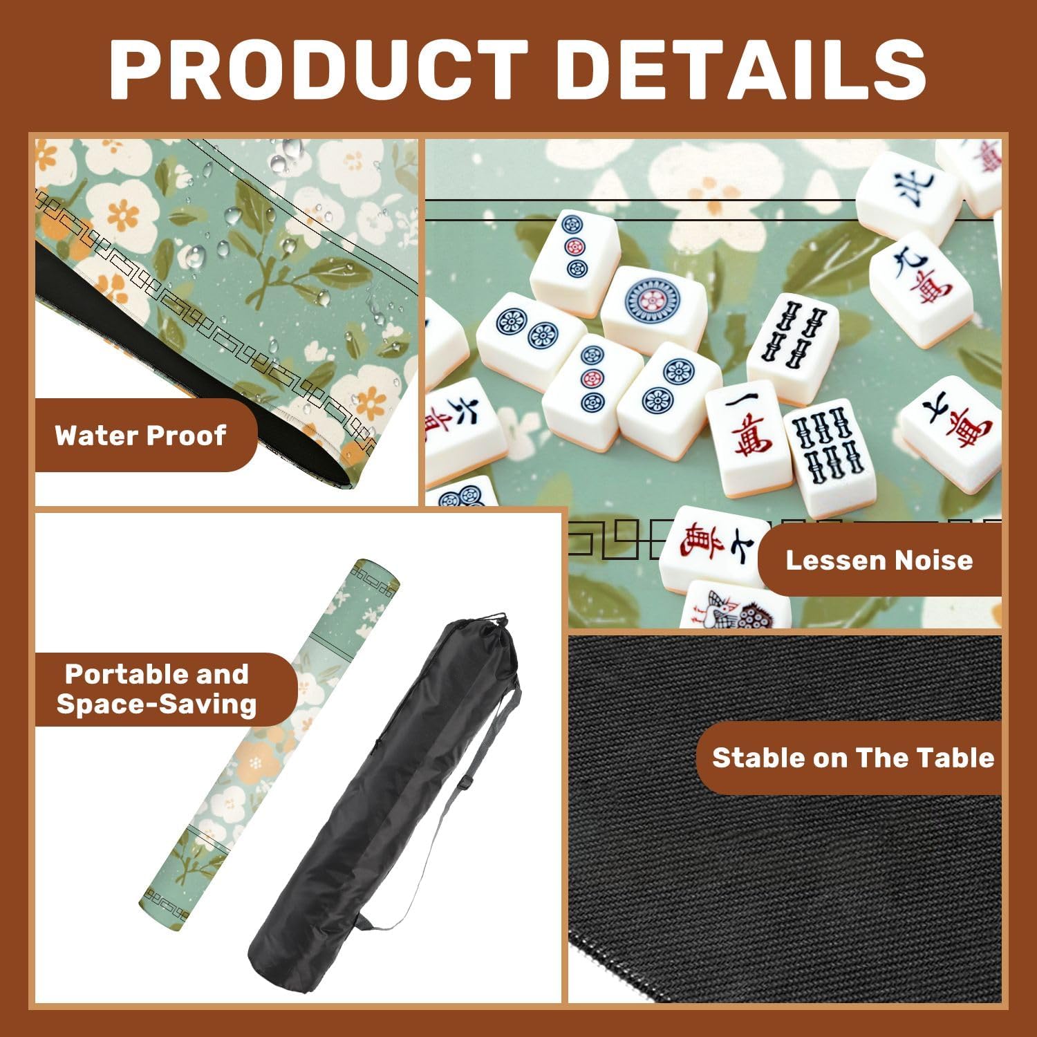 Mahjong Mat for Table Nostalgic Floral Soft Green Leaves Watercolor Hues 31.5" x 31.5" Non-Slip Noise-Reducing Game Mat Premium Mahjong Accessories for Poker Dominoes Hosting