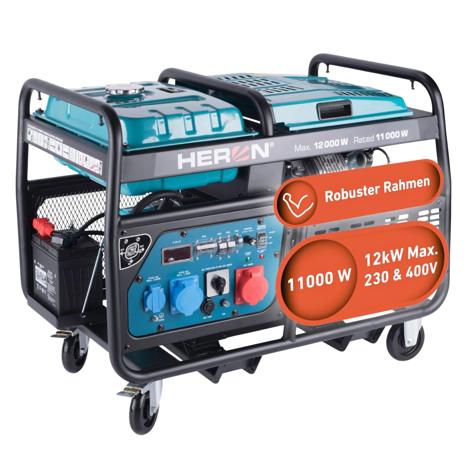 Heron Stromgenerator Benzin 23,5PS I 12 kW / 15kVa (400V) & 12kW (230V) I Stromerzeuger mit 30L Tank, Fahrgestell & Elektrostarter I mobiles Stromaggregat mit AVR-System