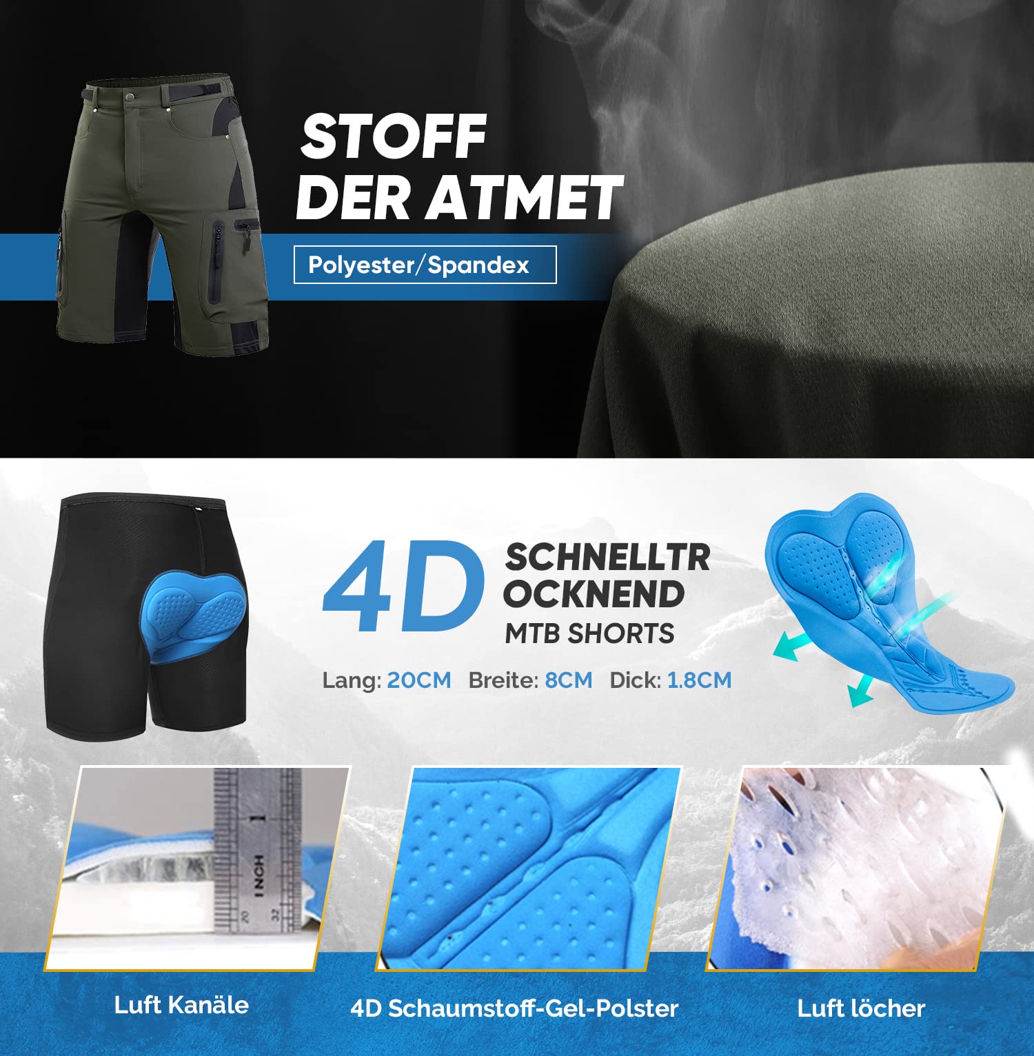 Cycorld Pantaloni da Ciclismo da Uomo, ad Asciugatura Rapida, per Mountain Bike, con Imbottitura 4D, Elastici per Sport all'Aria Aperta, da Ciclismo