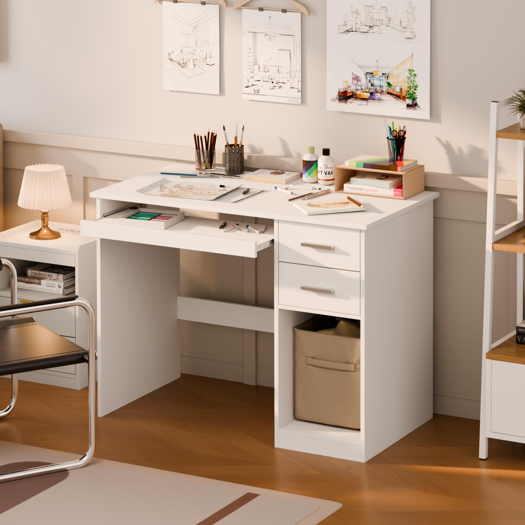 Mondeer Schreibtisch mit 2 Schubladen, 105 x 48 cm Computertisch mit Tastaturauszug, Bürotisch Moderner für Büro Heimbüro Arbeitszimmer Schlafzimmer, Weiß
