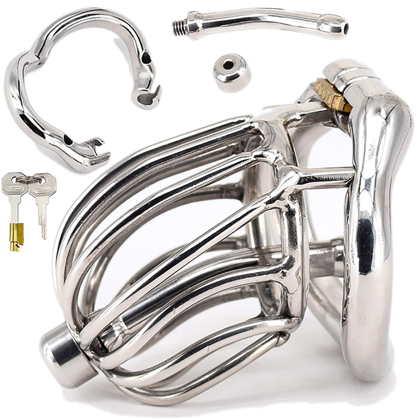 Klein 3D Peniskäfig Atmungsaktiv Edelstahl Keuschheitskäfig Herren Mit Hohler Harnröhren Dilator Und Verstellbar 3.0 Cockringe SM Keuschheitsgürtel Sex Toys Für Männer,Silber,57mm