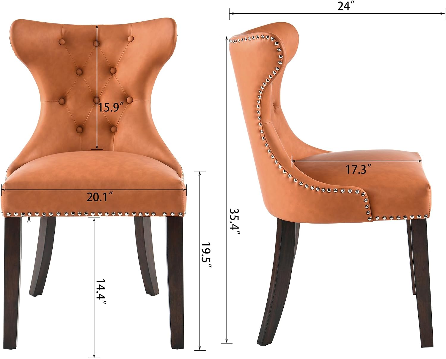 Upholstered Dining Chairs with Wingback Set of 2, PU Leather Accent Side Chairs with Button Design, Mid-Century School Chairs with Solid Wood Leg, for Living Room, Kitchen Orange CY-MJR-OR