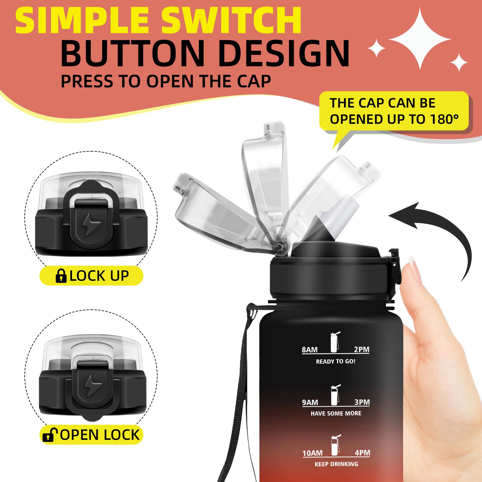 Grsta Borraccia 500ml, Borraccia Bambino con Cannuccia, Facile da Pulire, Bottiglia Motivazionale con Indicatore del Tempo, A Prova di Perdite Borracce per Scuola, Trekking, Outdoor