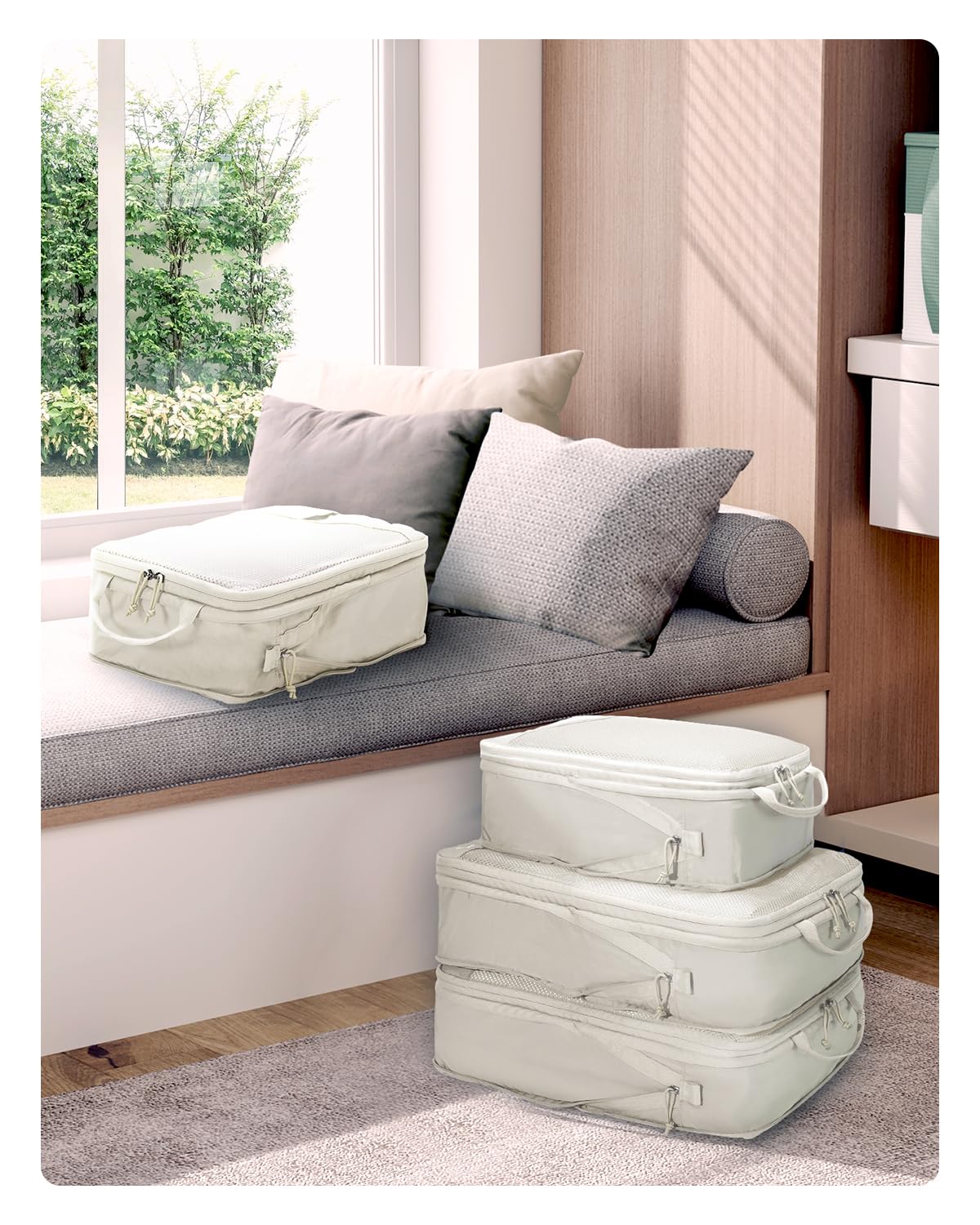 ECOHUB Organisateurs Valises 4 Pièces, Sac de Compression pour Voyage, Rangement Valise Organisateur Aéré à Mailles, Packing Cubes SBS Fermeture éclair Avec Cartes Manuscrites Affichage Transparent