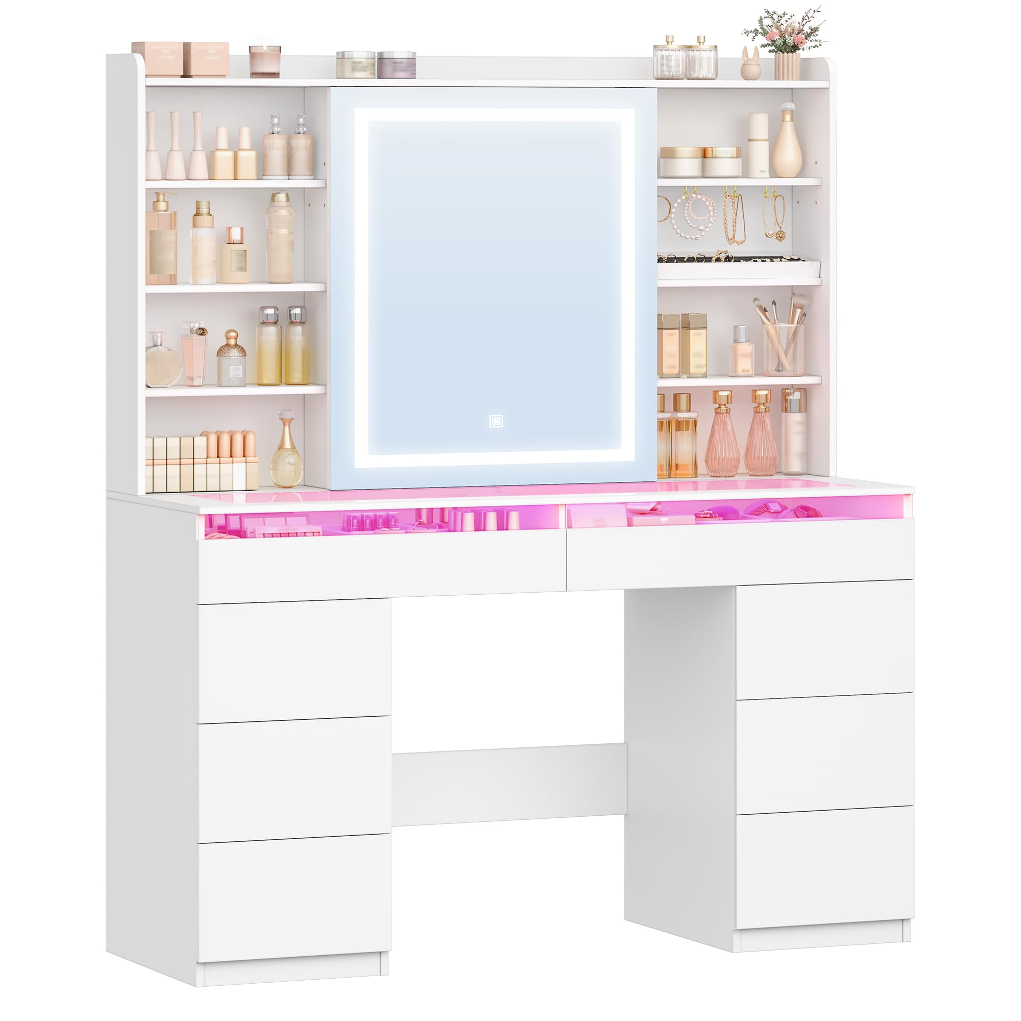 Hzuaneri 108 cm Toeletta Trucco, Postazione Trucco con Piano in Vetro, Striscia Luminosa RGB, 8 Cassetti, 9 Scaffali a Giorno, Deposito Gioielli, per Camera da Letto, Bianco 1180203XEU