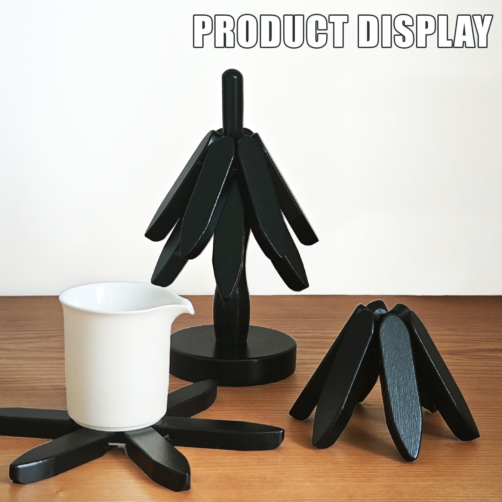 Dessous de Plat Bois, 4 sous-Plats Pliables avec Support, Dessous de Plat Original Pliable, Accessoires de Table Élégants pour Casseroles, Poêles et Tasses (Noyer Noir 2 pièces)
