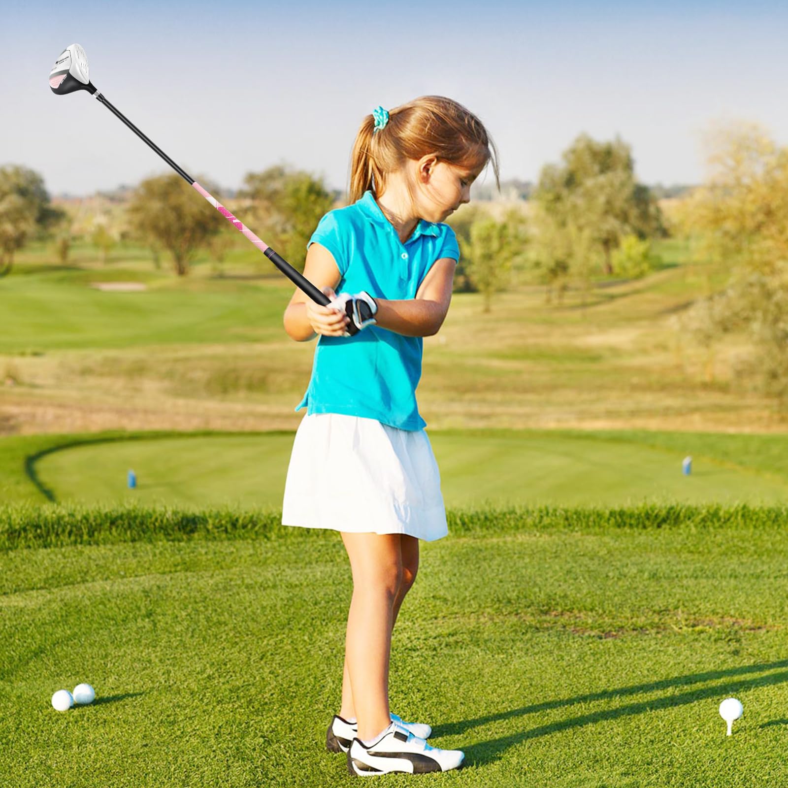 COSTWAY Juego de Palos de Golf para Niños de 8 a 10 Años, Incl. Bolsa de Soporte con Capucha para Lluvia, Driver n.º 1, Hierros y Putter n.º 7#S para Niños y Niñas, Diestros