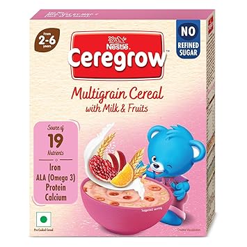 CEREGROW with NO Refined Sugar | Multigrain Cereal with Milk & Fruits | with Iron, Omega 3, Protein, Calcium | 19 Nutrients | 300g, Bag-in-Box Pack - image, photos