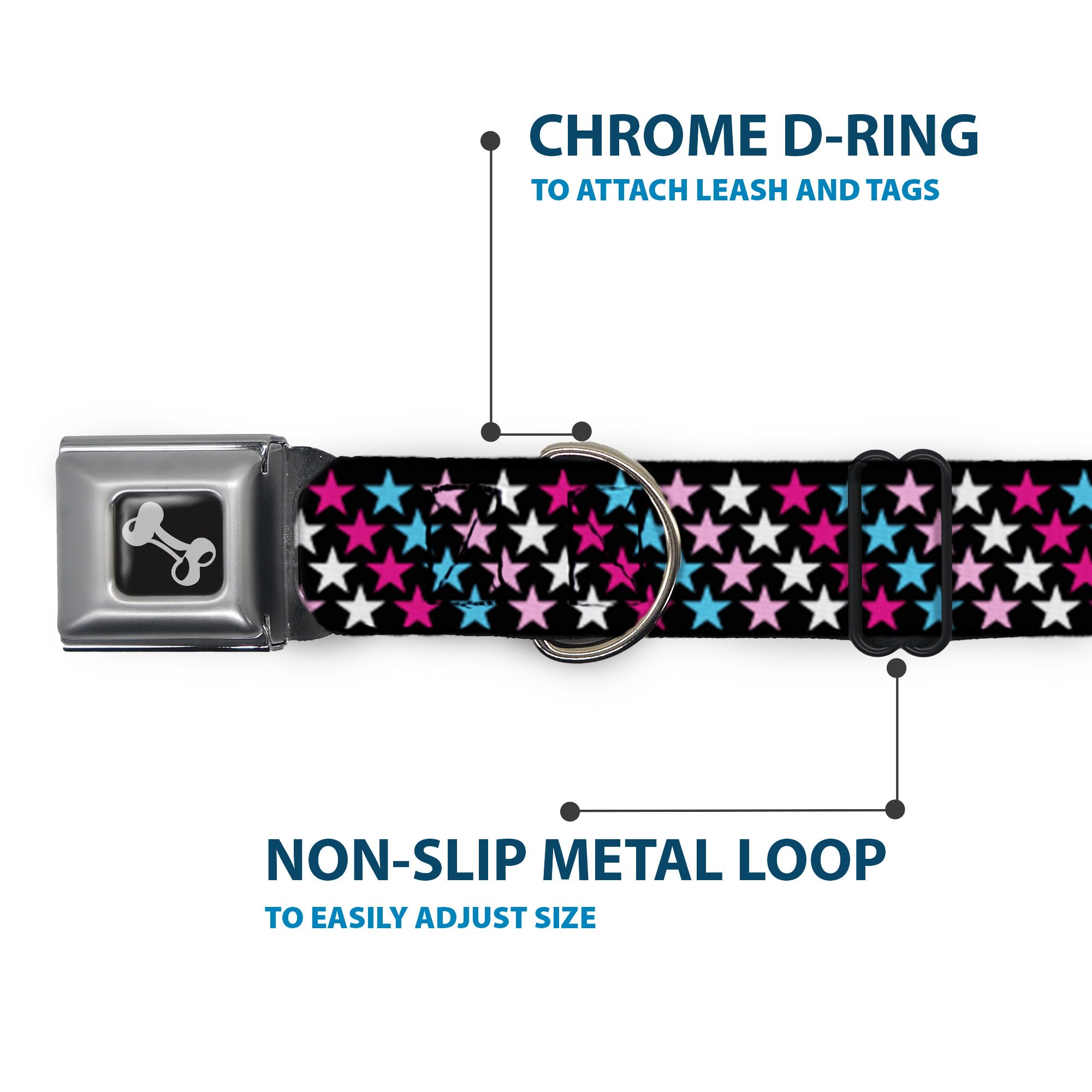 Buckle-Down DC-W31312-WS - Cinturón de Seguridad para Perro, tamaño pequeño, diseño de Estrellas, Color Negro, Rosa, Azul y Blanco