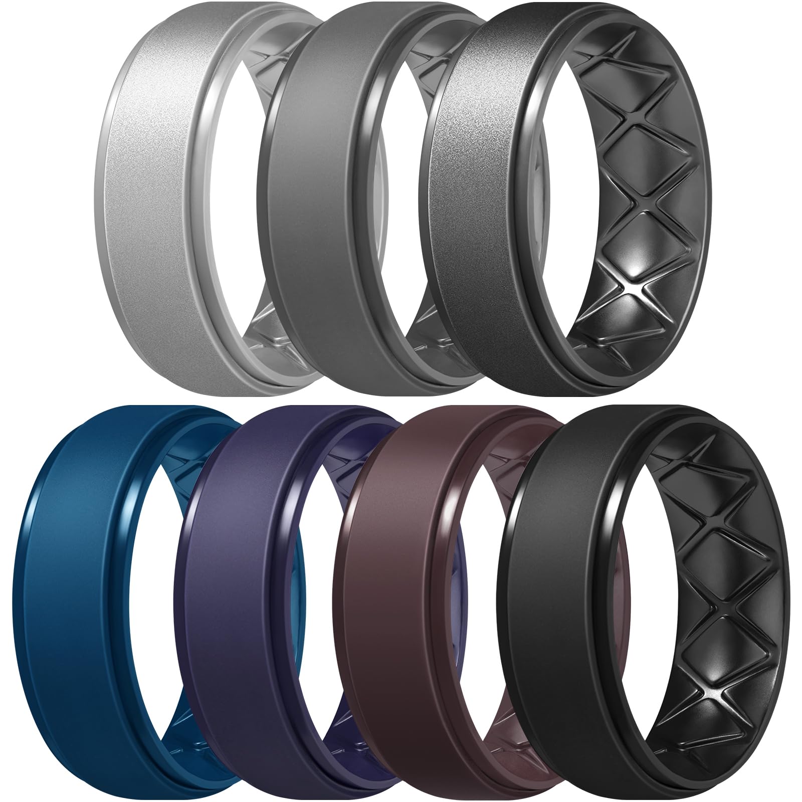 Egnaro Inner Arc Ergonomic Breathable Design, Silicone Rings Mens with Half Sizes, 7 Rings / 6 Rings / 5 Rings / 4 Rings / 1 Ring Rubber Wedding Bands, 8.5mm Wide-2mm Thick