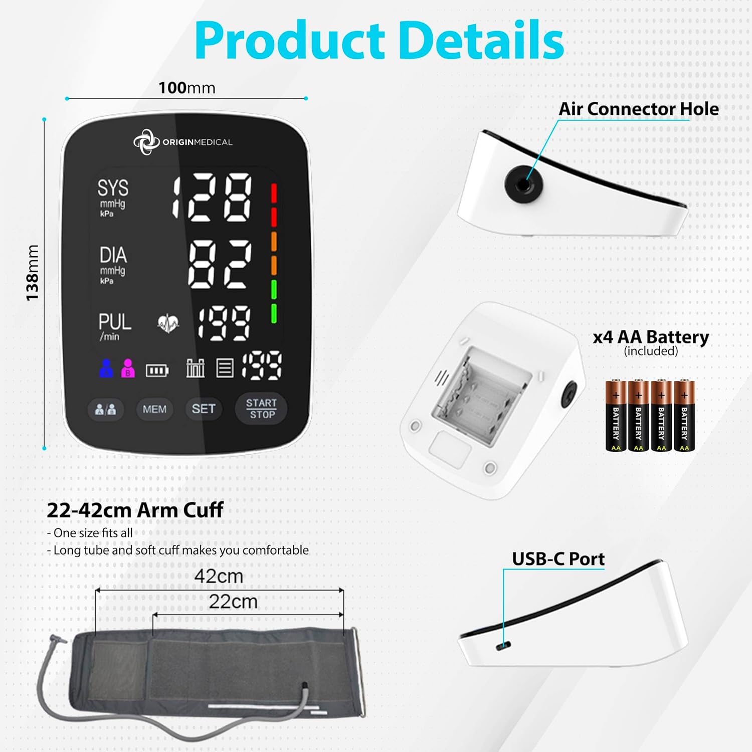 Detailed view of the Origin Medical Blood Pressure Monitor showing its dimensions, the arm cuff (22-42cm), the battery compartment for 4x AA batteries, the air connector hole, and the USB-C port.