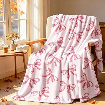 yuboo Pink Bow Throw Blanket for Couch, Soft & Warm Fleece Blankets Gifts for Women Girls Mom, Cozy Cute Soft Cream Pink Throw 50x60 Inches