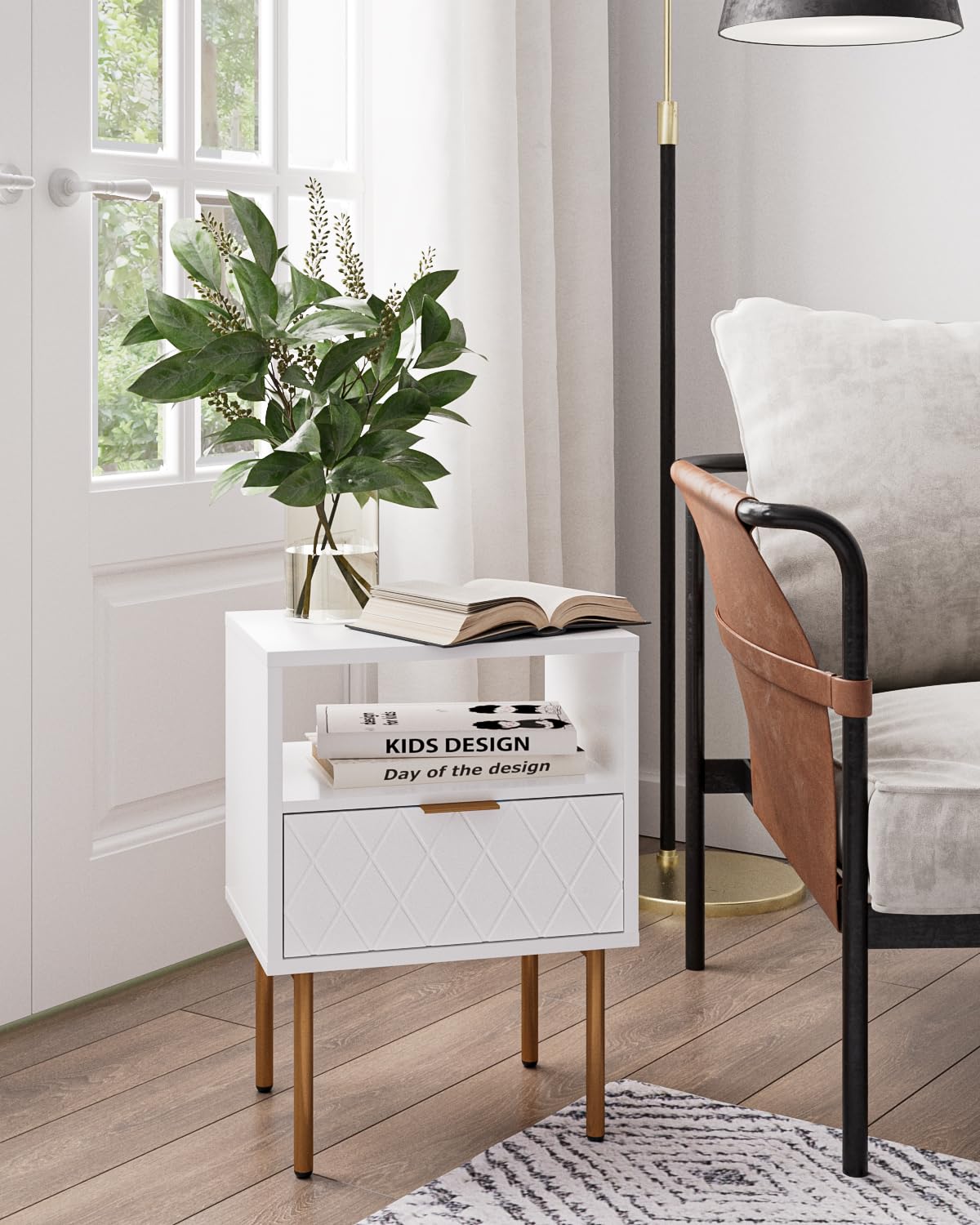 HEYZOEY Nachttisch, Nachtschrank mit 2 Schubladen, Modern Nachtkästchen, Boho Nachtkommode für Schlafzimmer, Wohnzimmer, Weiß und Gold