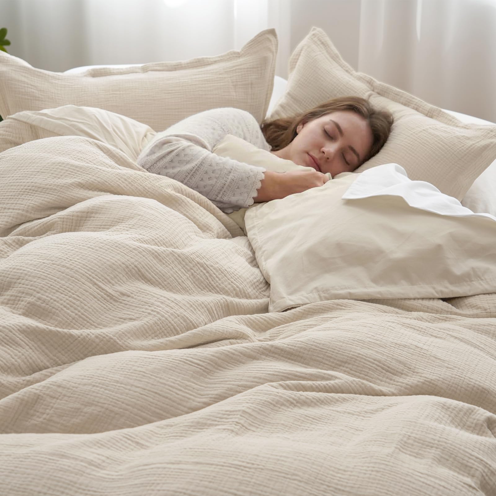 phf cotton muslin duvet cover queen size, 3-layer ultra-soft lightweight breathable textured guaze, skin-friendly minimalist comforter cover set for all season, with 2 pillow shams, 90"x90", natural