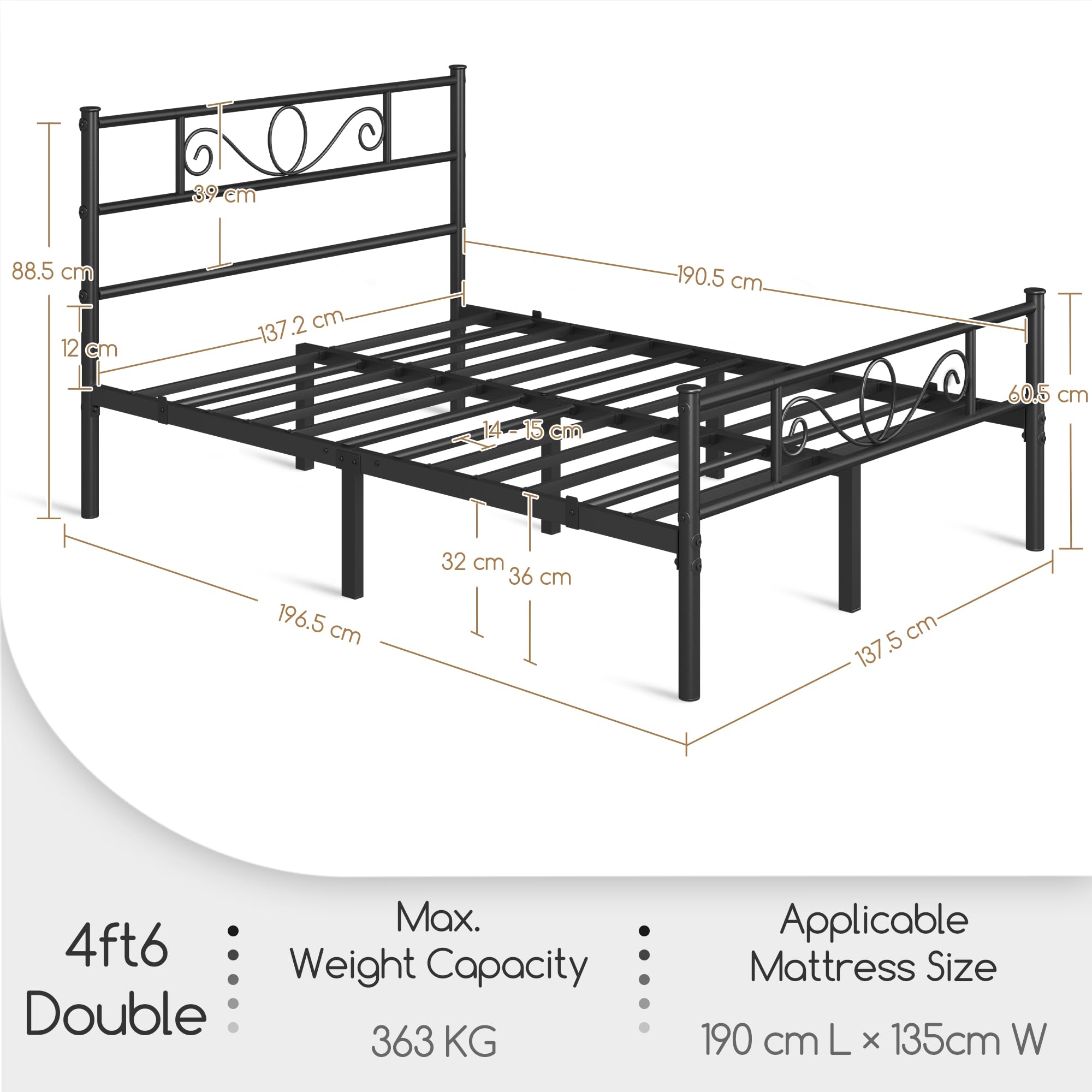 Yaheetech Cama Doble Hierro para Colchón de 135 x 190 cm Estructura Industrial de Metal Negro, Marco Base