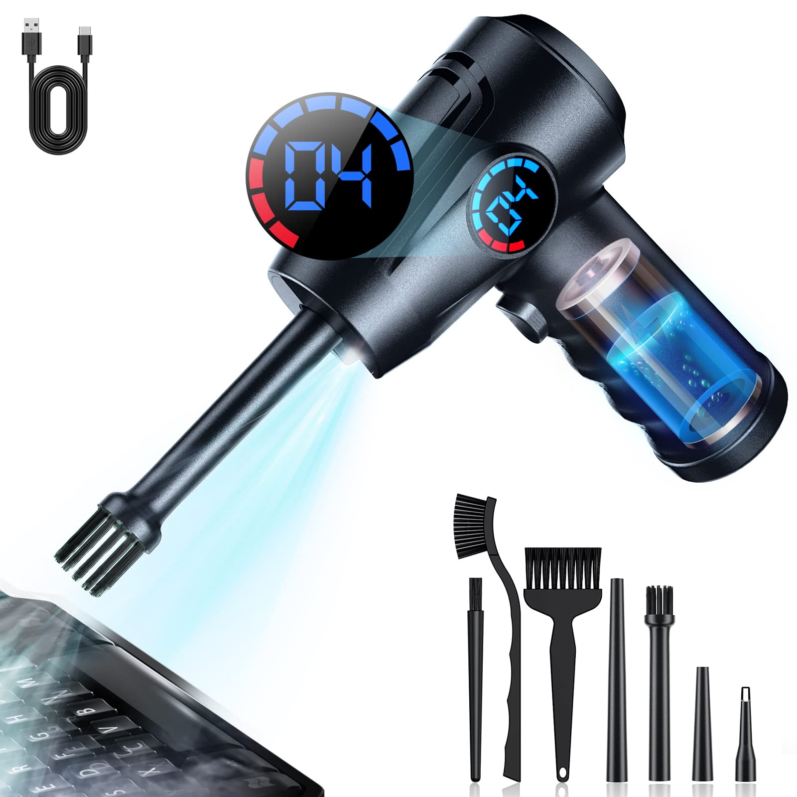 Compressed Air Duster Electric Keyboard Cleaner Mini with LCD Display,4-Gear to 80,000RPM and LED Lamp,6000mAh PC Air Dusters-No Compressed Air Can-Air Blower for Computer-Replace Canned Air Cleaner