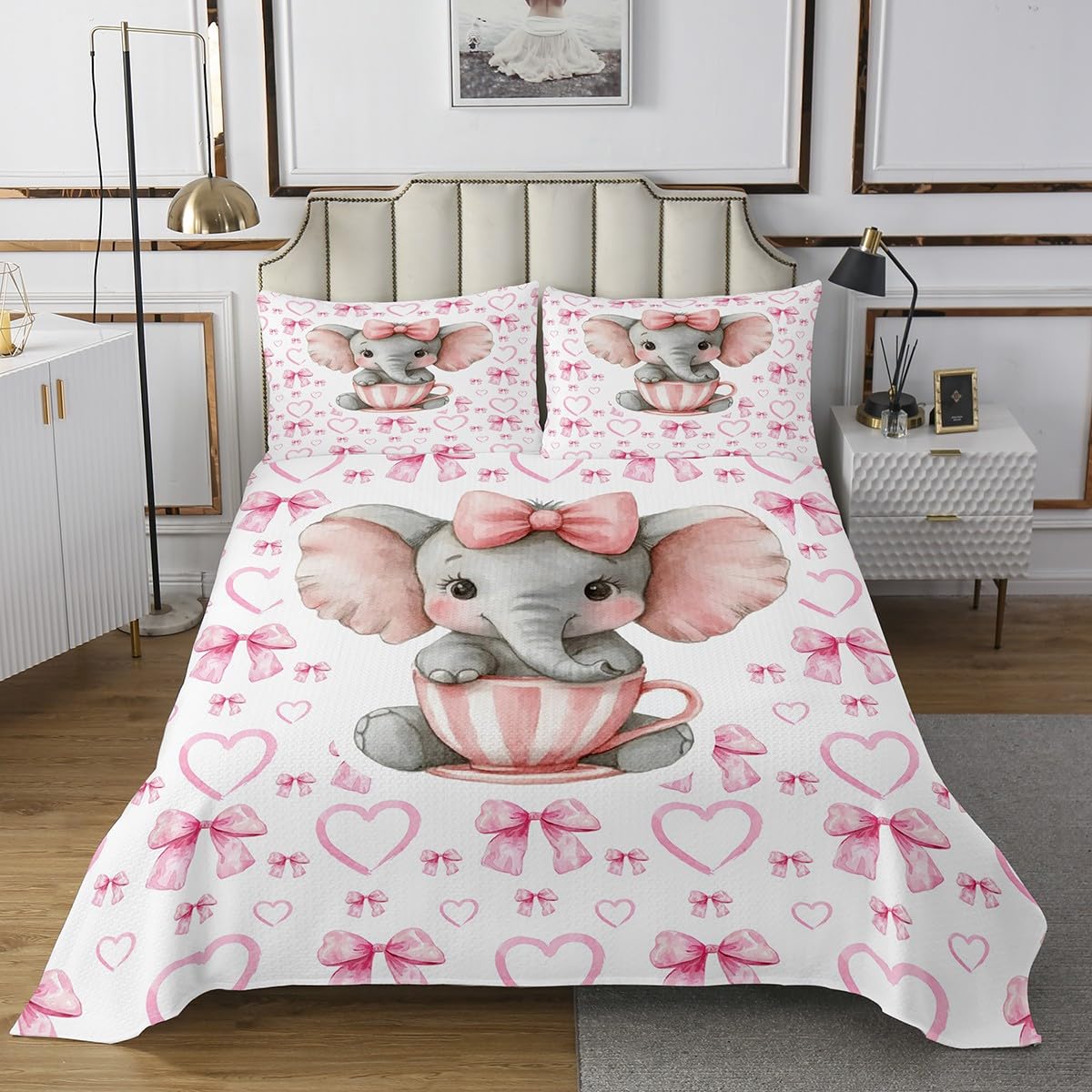 Homewish Set copripiumino per letto singolo per bambini, motivo elefante rosa, con fiocco e nodo, stile cartone animato, copriletto trapuntato per bambini, ragazzi, donne, con fiocco, decorazione per