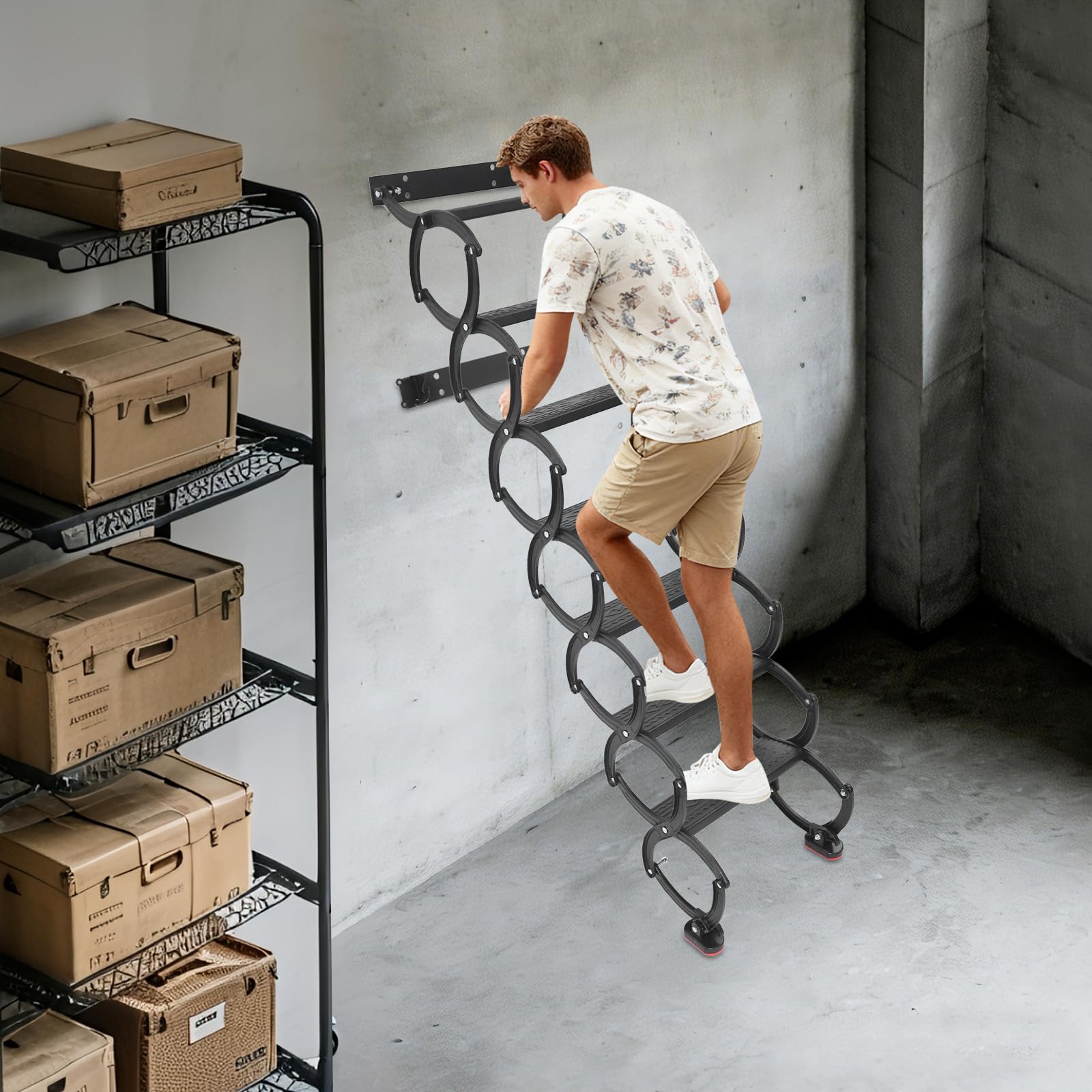 Escalera para el ático, 7 escalones Escalera plegable extensible montada en la pared, Escalera de ático montada en la pared, escalera de desván con escalones antideslizantes, escaleras