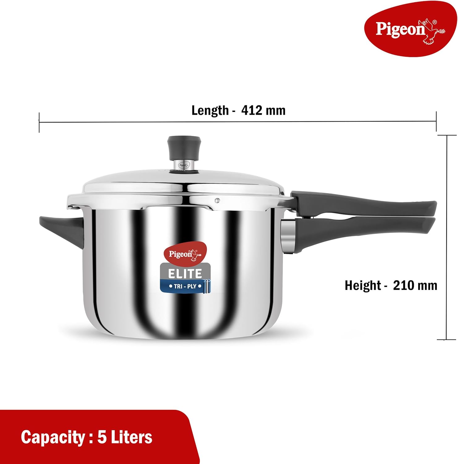 Pigeon Elite Tri-Ply Stainless Steel Body Outer Lid Pressure Cooker Induction and Gas Stove Compatible 5 L - Silver