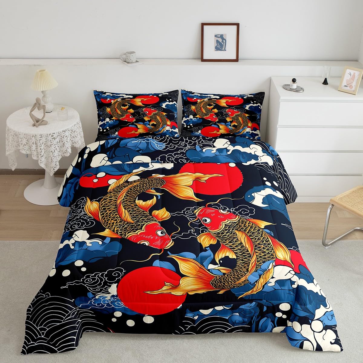 Feelyou Japanese Style Bedding Set Japanese Ukiyoe Fish Comforter Set for Kids Boys Girls Teens Decor Ocean Surfing Koi Comforter Exotic Quilt Set for All Season 3Pcs Queen Size with 2 Pillow Case