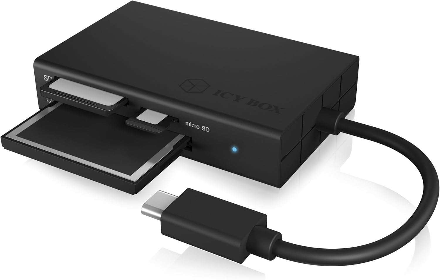ICY BOX IB-CR401-C3 USB 3.0 Type-C Card Reader for CF, SD and MicroSD Memory Cards, SD 4.0/UHS-II, Aluminium, Integrated Cable, Black