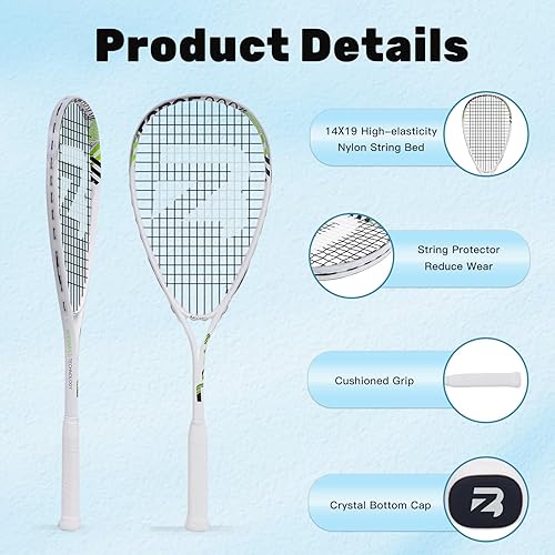 Miniatura 4 de BatZoom - Raqueta de squash para principiantes, raqueta de entrenamiento duradera para adultos, preencordada con agarre cómodo y absorción de