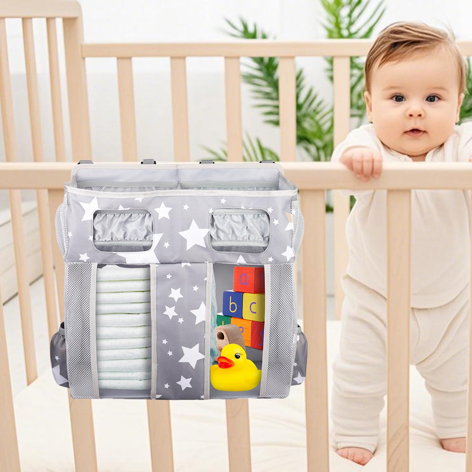 Organisateur De Chevet Poches Biberon Sac Lingettes Bavoir | Grand Sac Organisateur De Lit Bébé En Oxford Empilable Suspendu Rangement Nurserie Bébé Chevet Garçons Filles