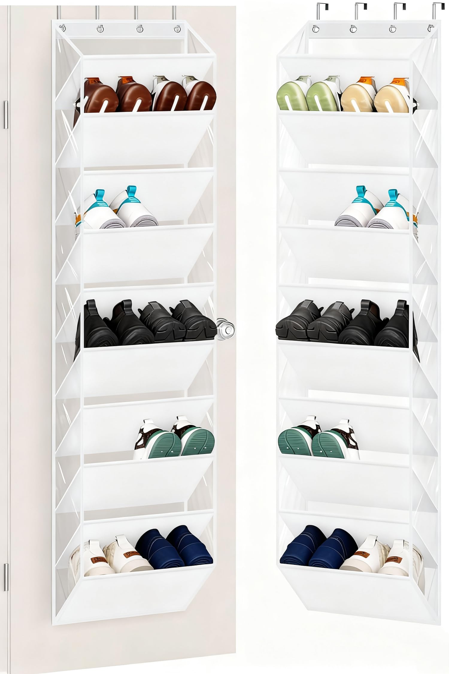 MISSLO 10 Tier Hanging Shoe Storage Over Door Organiser Clear Deep Pockets Large Door Shoe Rack Hanging 20 Pairs Shoe Hanger Holder Tidy for Sneakers, Boots (White)