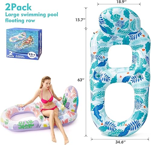 Miniatura 7 de 2 Pack Pool Floats Adult Heavy Duty-Adult Pool Float Lounger with Cup Holders, Backrest & Footrest Pool Lounge Float Pool Floaties Rafts for Beach